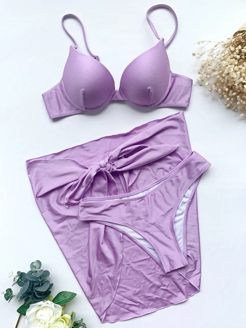 Women solid push up underwire three piece set