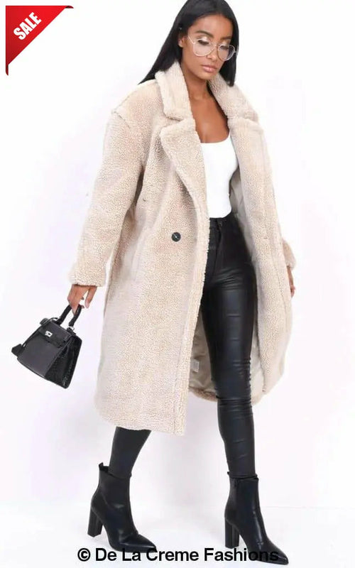 Jackie Double Breasted Borg Teddy Midi Coat