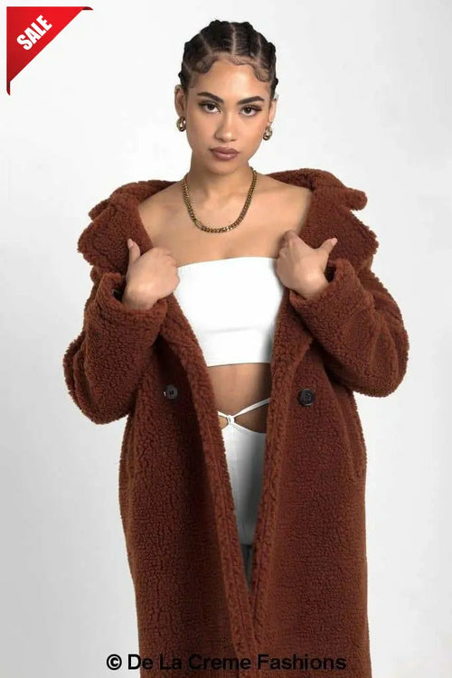 Jackie Double Breasted Borg Teddy Midi Coat