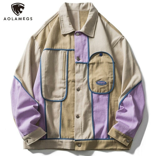Jacket Men Color Block Patchwork Coats Autumn Couple Baggy Harajuku