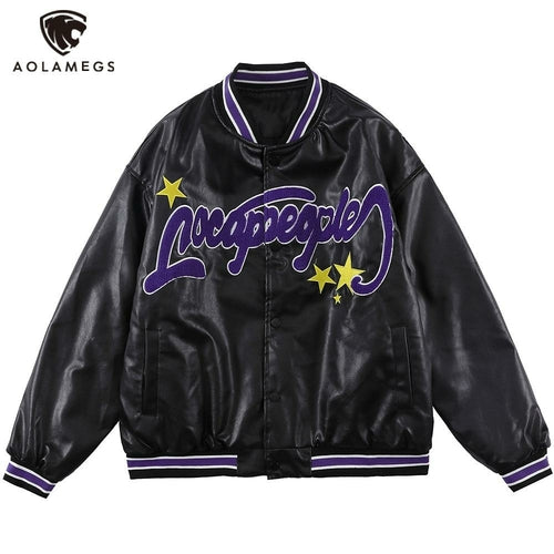 Jacket Men Furry Letter Star Leather Oversized Bomber Coats Couple