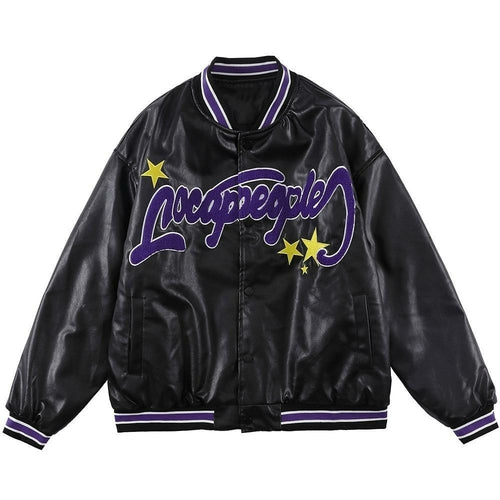Jacket Men Furry Letter Star Leather Oversized Bomber Coats Couple