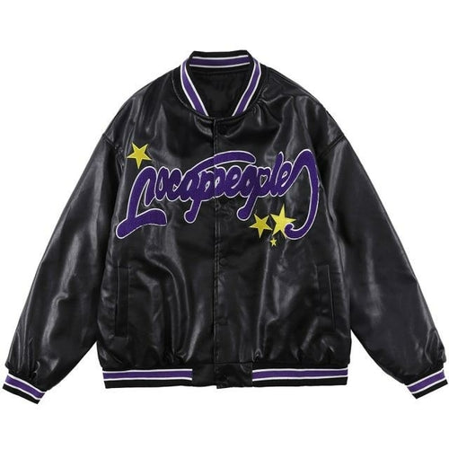 Jacket Men Furry Letter Star Leather Oversized Bomber Coats Couple