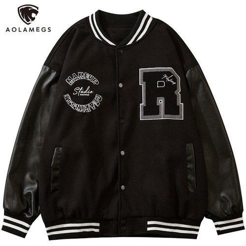 Varsity Jacket Men Leather Patchwork Letter Patch Baseball Coats