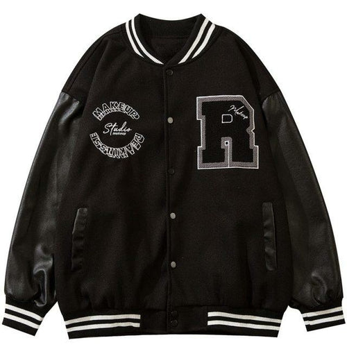 Varsity Jacket Men Leather Patchwork Letter Patch Baseball Coats